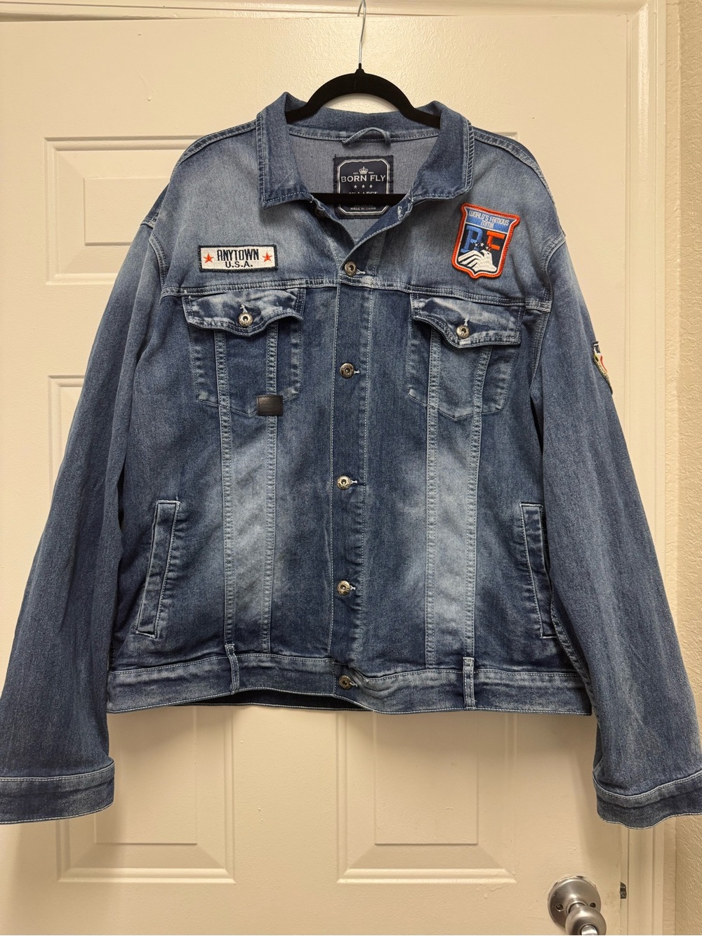 Born Fly Men's Blue Denim Jacket with Patch Details